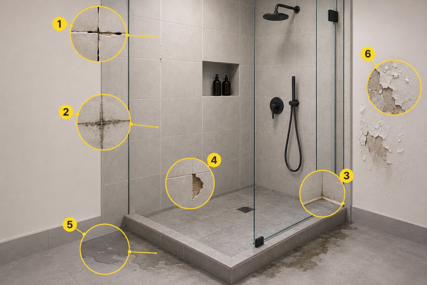 Shower warning signs diagram: cracked grout, mould, peeling silicone, loose tiles, damp patches, paint bubbling
